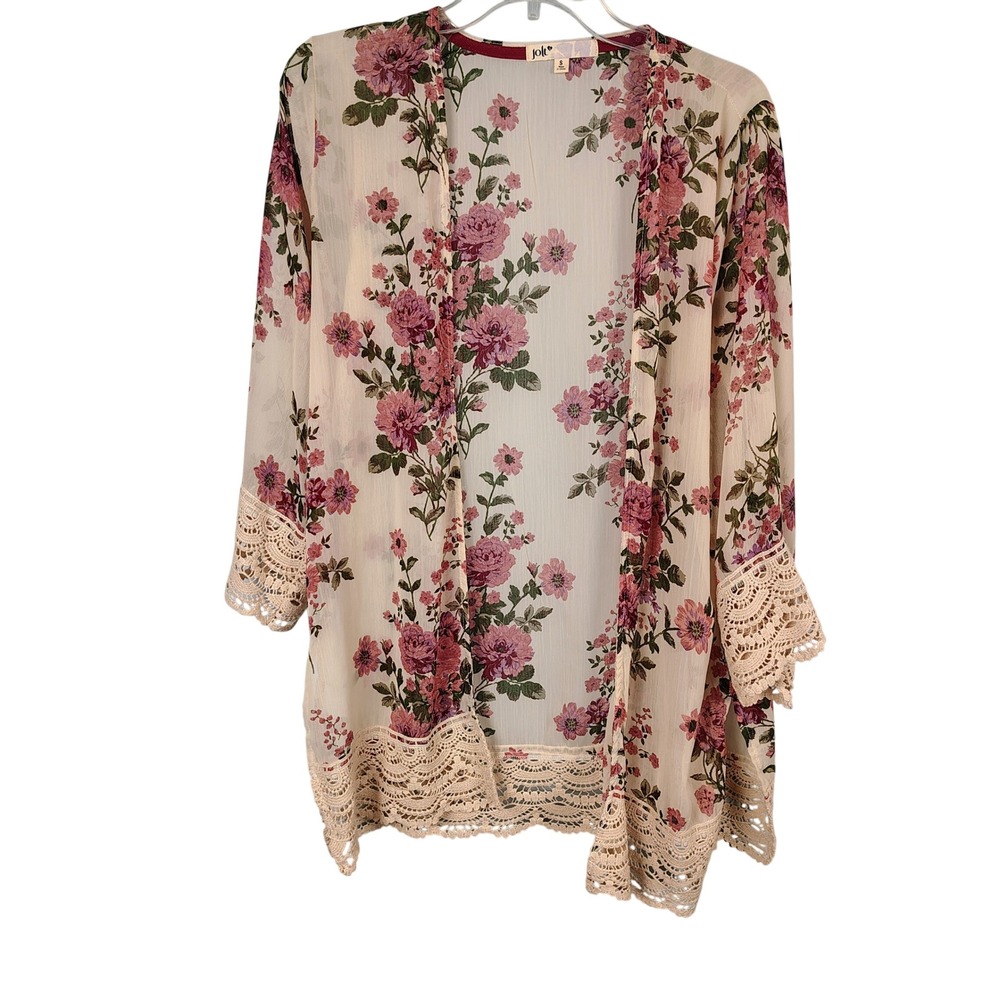 Jolt Womens S Floral Crochet Trim Kimono Cardigan Pink Cream Boho Cottagecore